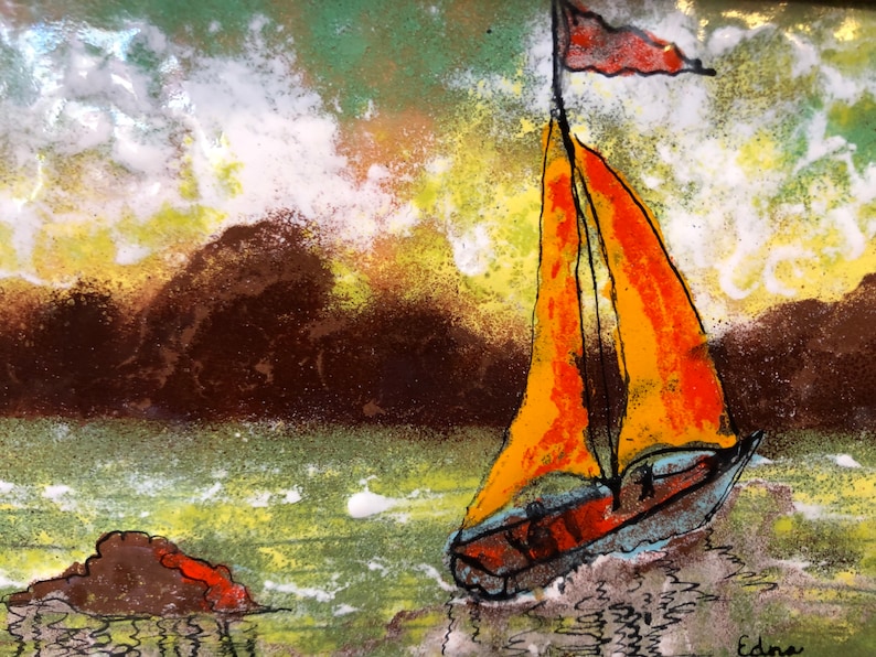 Circa 1968 Original Colorful MCM Sailboat in Water with Mountains Enamel signed Edna Granaz Framed