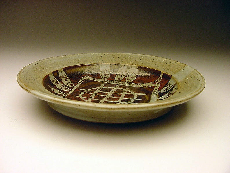 Listed MCM Studio Potter Patrick Kennedy wax-resist design STUDIO pottery low bowl SIGNED