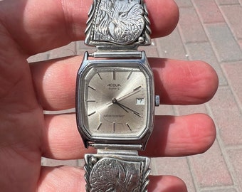 Likely Navajo Native American Acqua Watch Tips Sterling Silver Buffalo Head Engraved SIGNED SN 925 PL Likely Women's size Stretch Band