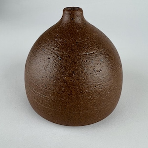 May include: A small, brown ceramic vase with a rounded body and a narrow neck. The vase has a textured surface and a dark brown color. The vase is likely handmade and suitable for displaying flowers or as a decorative item.