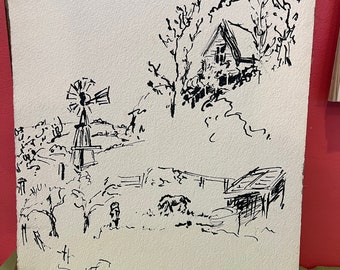 Croquis acrylique original des années 1970 sur papier peint de la succession de l'artiste californienne Evalyn Eve Virginia Mitchell (1907-1995) non signée