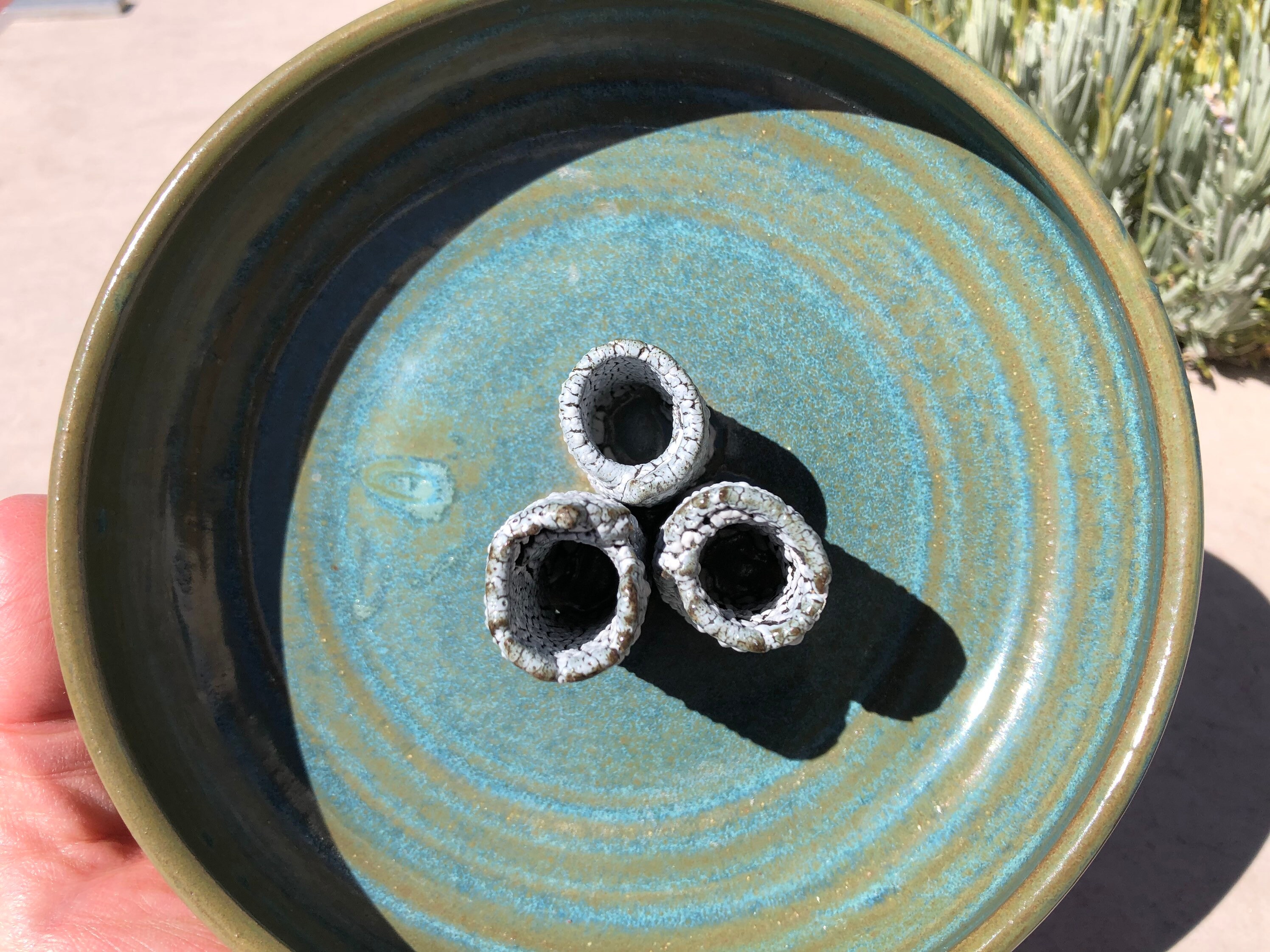 Modernist Ikebana pottery Bowl with Lichen Glazed Holders SIGNED