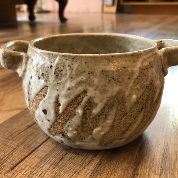 1981 Original Handled Bowl with White Frothy Glaze & Wax Resist Design by Claire Whitehead of the Red Sage Pottery Fallon Nevada asymmetry