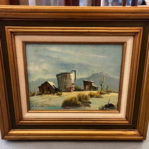 Circa 1968 Original Öl auf Holzplatte der in San Diego aufgeführten Künstlerin Miwa Koide SIGNIERTE Visitenkarte & Ausstellungsetikett von Southwestern Artists