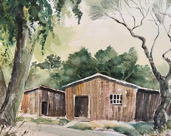 1974 Original Estate Watercolor by Listed Los Osos California artist Hans Bomskow (1908-1988) Shacks