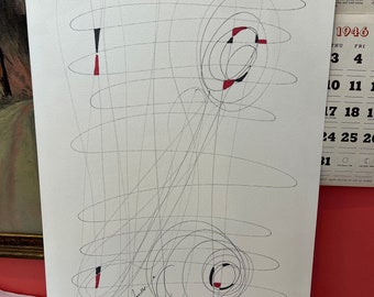 1978 Abstract Linear Drawing: Signed Mixed Media Art (12x18)