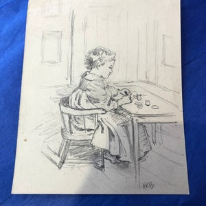 Antique Graphite Drawing: Horace Burdick Portrait of Daughter Doris