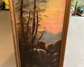 Circa 1900 Original Oil on Old Board by listed artist Julia A Collins Stohr (1866-1947) waterfalls bold skies SIGNED studio STAMP Illinois