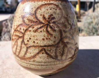 Vintage Studio Pottery Vase: Signed Etched Floral Design