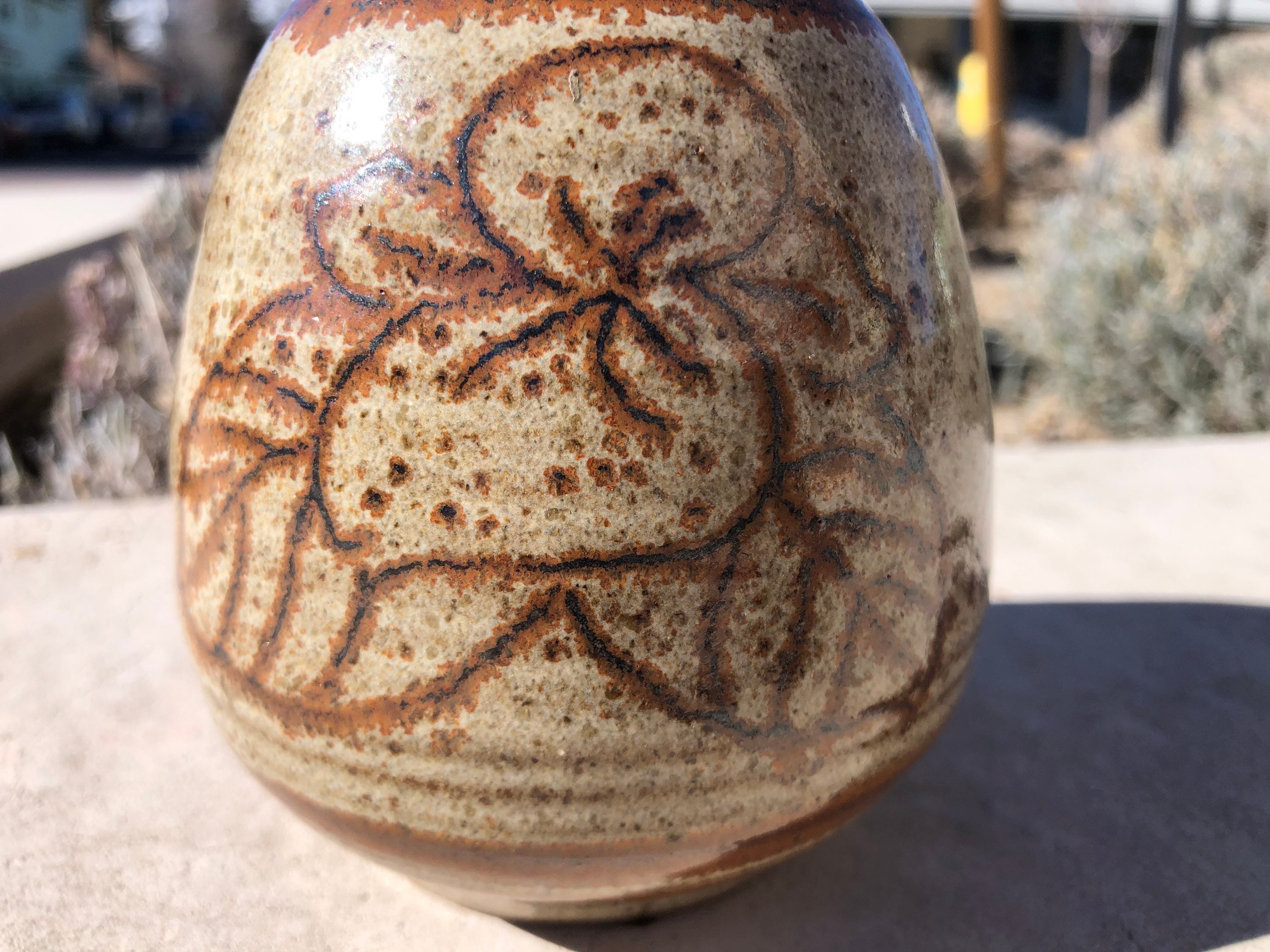 Vintage Studio Pottery Vase: Signed Etched Floral Design