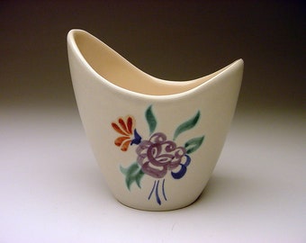 Circa 1965 English Poole Floral Decoration glaze Modernist Vase Form Signed Initialed ASYMMETRY