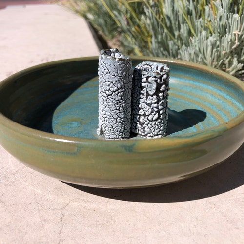 Modernist Ikebana pottery Bowl with Lichen Glazed Holders SIGNED