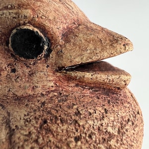 May include: A textured, terracotta-colored ceramic sculpture of a bird head in profile. The surface features a rough, weathered finish with deep brown and tan speckles. It has a prominent, pointed beak and a single, circular, dark black eye.