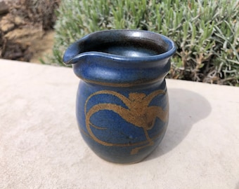 Vintage MCM Glazed Creamer: Blue & Gold, Leach Era Pottery