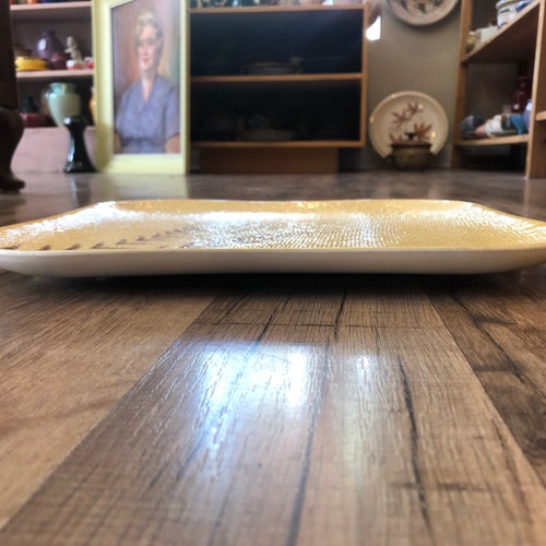 Circa 1948 Original Hand Decorated California Pottery Textured Surface Rounded Square Serving Platter By Weil Ware shops SIGNED inkmark