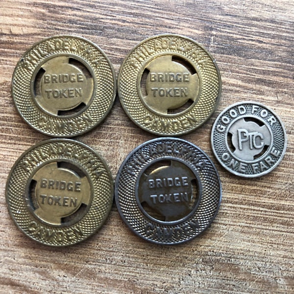 5 Philadelphia Transportation Company Brass and White Metal tokens 3 Types PTC Camden Bridge Line One Fare exonumia