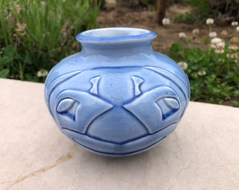 1930s Art Deco Vase: Carved Tribal Design, Blue Glaze, Signed