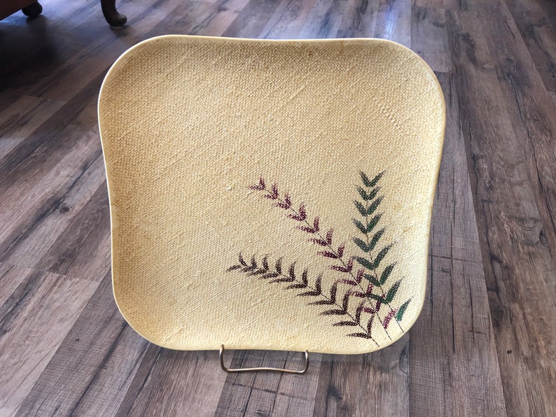 Circa 1948 Original Hand Decorated California Pottery Textured Surface Rounded Square Serving Platter By Weil Ware shops SIGNED inkmark