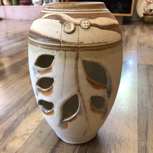 Vintage Reticulated Vessel Vase Form with Stunning Glaze Runs by Texas Artist Potter Joe Frank McKee SIGNED Applied Clay Signature