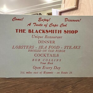 1960er Jahre Werbekarte für die Blackschmiede Shop South Yarmouth Massachusetts Hummer Seafood Steaks Cocktails Bob Collins Besitzer