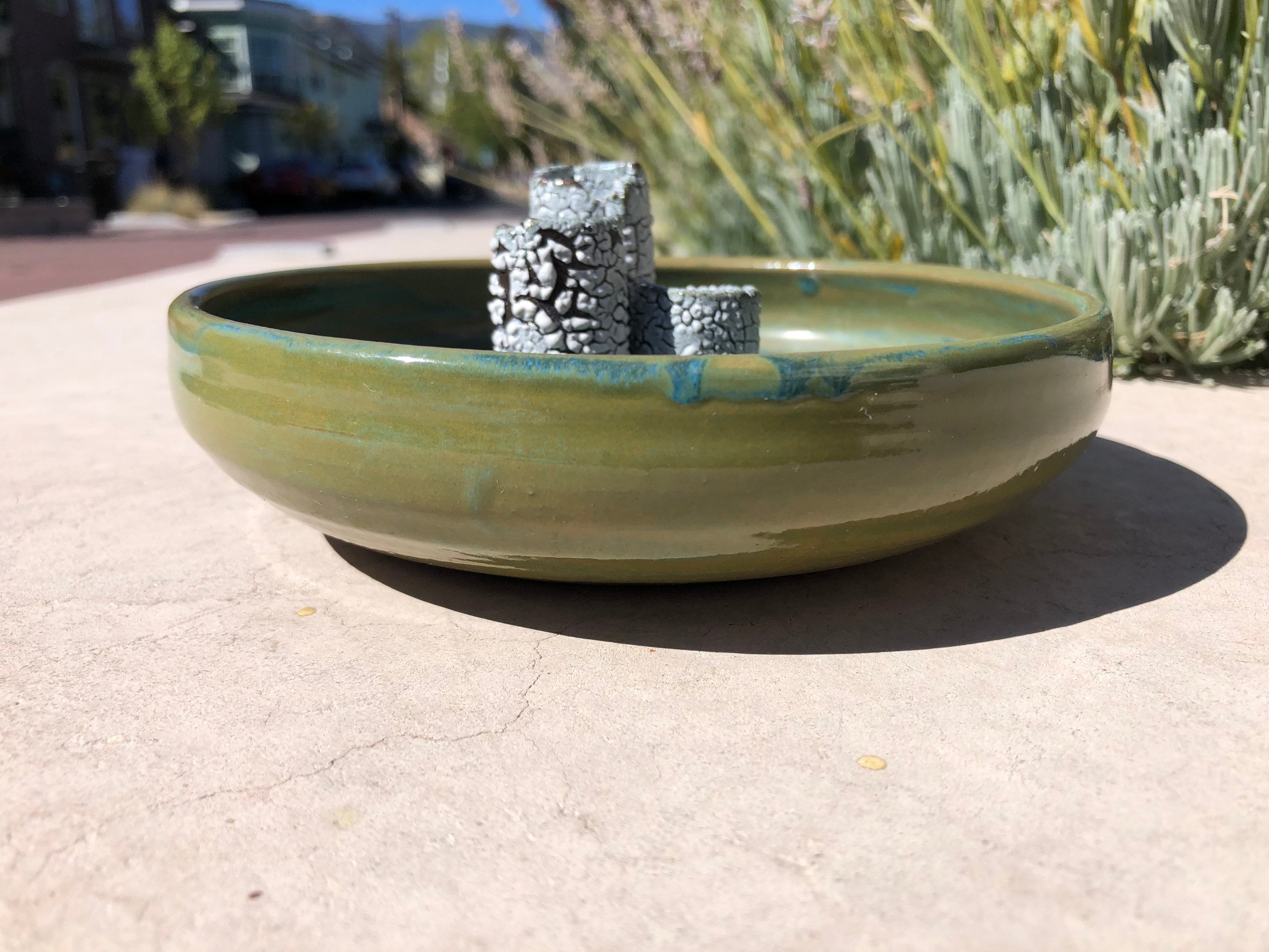 Modernist Ikebana pottery Bowl with Lichen Glazed Holders SIGNED