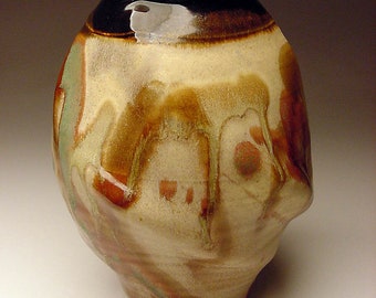 Listed original Studio Potter Artist 1986 Tom Ferguson Altered form drip glaze pottery vase vessel SIGNED