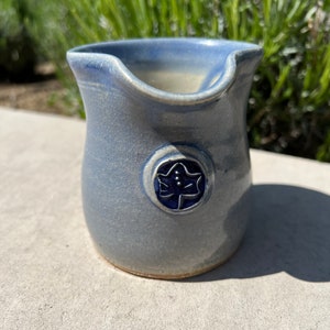 Vintage Blue Pottery Creamer: Cornwall Bridge Applied Leaf Design, Signed