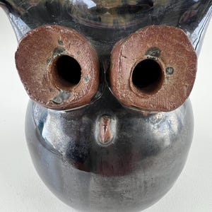 May include: A ceramic owl-shaped vase with a glossy, dark gray finish. The owl has large, circular eye sockets with brown rims and a small, pointed beak. The vase has a rounded body and a flared top.