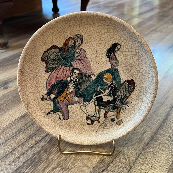 June 1947 Original Low Pottery Bowl with Crackle Slip Glaze and figurative decoration Cinderella Adelphi Children's Theatre by MB Cummings