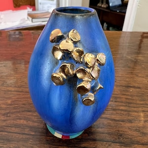 Vintage Blue Glazed Red Clay Vase: Metallic Gold Applied Design, Signed
