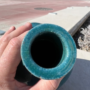 Circa 1930 Brown Clay Jug Vase with Striated Blue Glaze with Drip Effects believed to be from North Carolina UNSIGNED Slightly Altered