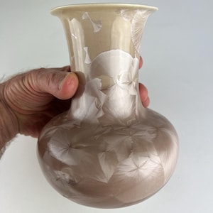 Op de afbeelding: Een keramische vaas met een uitlopende rand en een ronde buik, voorzien van een gladde, glanzende afwerking in beige- en taupetinten. Het oppervlak is versierd met opvallende, witte, stervormige kristalpatronen die over de gehele buitenkant stralen.