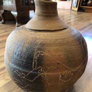 Signed Allan Widenhofer Stoneware Vase: MCM Petroglyph Vessel, 1965