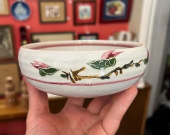 May include: A white ceramic bowl with a floral design. The bowl has a red rim and is decorated with pink flowers, green leaves, and brown branches. The bowl is held in a person's hand.