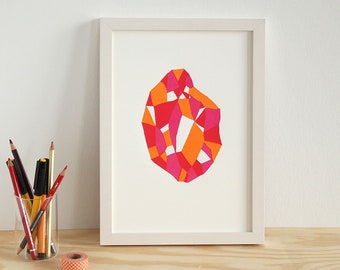 Roter Diamant original handgedruckter Siebdruck Print A4, limitierte Edition, signiert, Original Druck Kunst für Wohnzimmer Wände