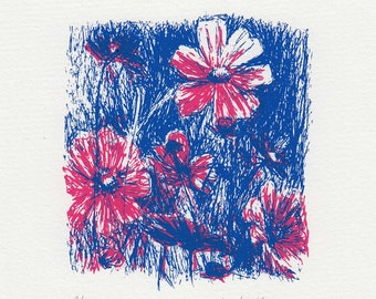 Screenprint Art Poster red and blue flowers, handprinted limited edition art print for your home