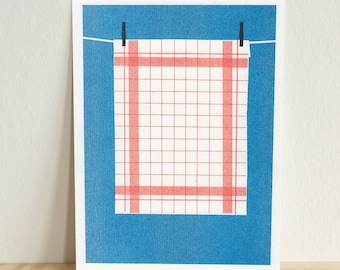 Risograph Print rotes Küchentuch, Wäscheleine, Risoprint Kunst Poster für Küche