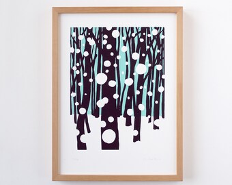 Schneeflocken Winter Wald Siebdruck Poster, Kunstdruck Winter Schnee, Original Druckgrafik Wohnzimmer, Kunstdruck Wald, Poster