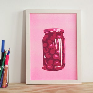 Neon Pink Cherry Jar risograph print poster, art for your kitchen wall