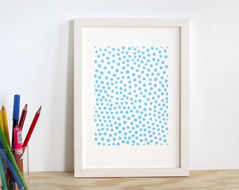 Patrón de puntos xilografía azul claro, póster A4, póster de lunares azul claro, patrón punk, punto azul claro, patrón xilografía, impreso a mano