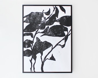 Affiche abstraite de linogravure de motif de feuille de plante noir et blanc A3, linoprint imprimé à la main, art imprimé original, édition limitée