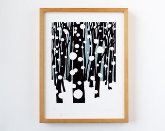 Snowflakes Winter Forest Sérigraphie Affiche, Art Print Winter Snow, Original Prints Salon, Art Print Forest, Poster