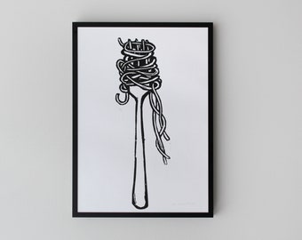 Affiche d’impression sur bois spaghetti fourche noir et blanc, impression d’art cuisine, photos de cuisine, gravure sur bois originale, impression sur bois originale, imprimée à la main