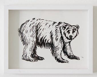 Affiche d’impression de gravure sur bois d’ours polaire, Petite impression d’art Chambre d’enfants, Gravure sur bois originale imprimée à la main, Édition limitée, Affiche d’animal