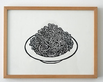 Placa de espagueti de cartel de impresión de madera, cocina de impresión de arte, cuadros de cocina, xilografía original, impresión de madera original, cartel impreso a mano