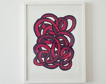 Póster serigrafiado, ovillo de hilo rojo-violeta, serigrafía a tres colores, impresión original, edición limitada