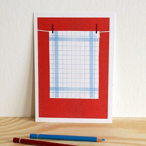 Risograph Druck Geschirrtuch Wäscheleine – Rot Weiß Kunstdruck A5 – 2-Farbiger Riso Print Küche