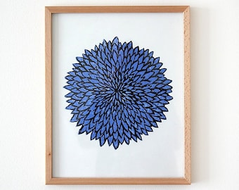 Crisantemo xilografía azul, flor de impresión de arte, flor de cartel de impresión de madera, cartel impreso a mano, ilustración de flores azul, impresión original