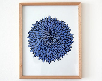 Gravure sur bois de chrysanthème bleu, fleur d’impression d’art, fleur d’affiche imprimée sur bois, affiche imprimée à la main, illustration de fleur bleue, impression originale