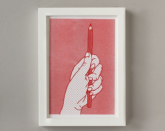 Risoprint Poster Red Hand with Pencil, Risograph Print Poster Original, Hand Drawing Red, Pop-Art mini Poster Hand Print